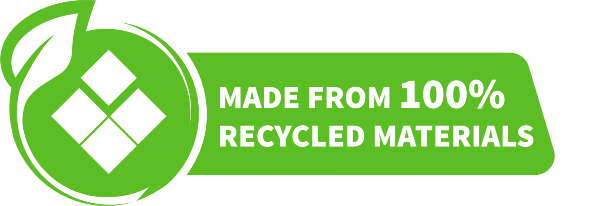 logo with tile and plant leaf; text: Made from 100% Recycled Materials